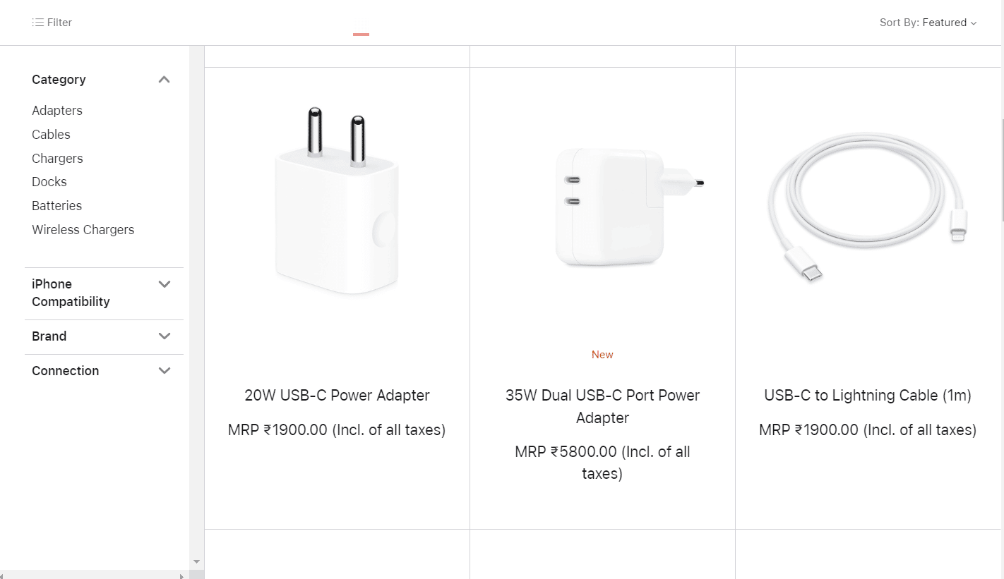 Página de accesorios para iPhone de alimentación y cables