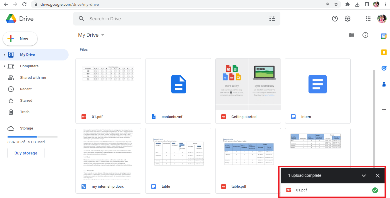 El archivo cargado se notificará como 1 carga completa en la parte inferior derecha de la pantalla