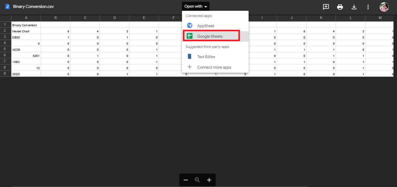 haga clic en la opción Abrir con hojas de Google