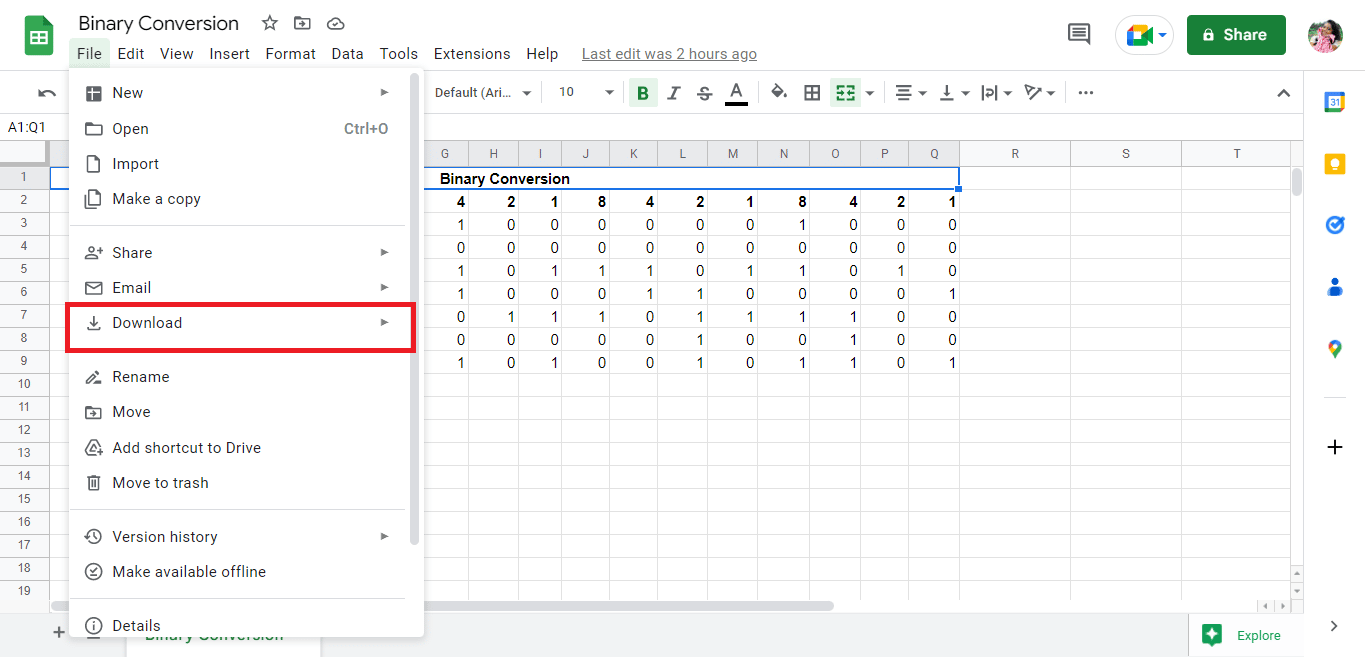 Haga clic en la opción de descarga. 3 métodos para convertir PDF a hojas de cálculo de Google