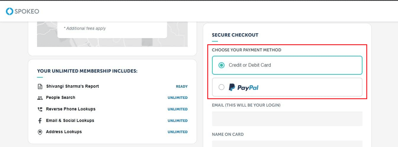 Elija el método de pago deseado |  usa Spokeo gratis
