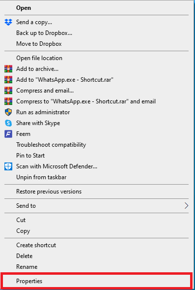 Haga clic en la opción Propiedades.  11 formas de arreglar WhatsApp de escritorio que no se abre en la PC
