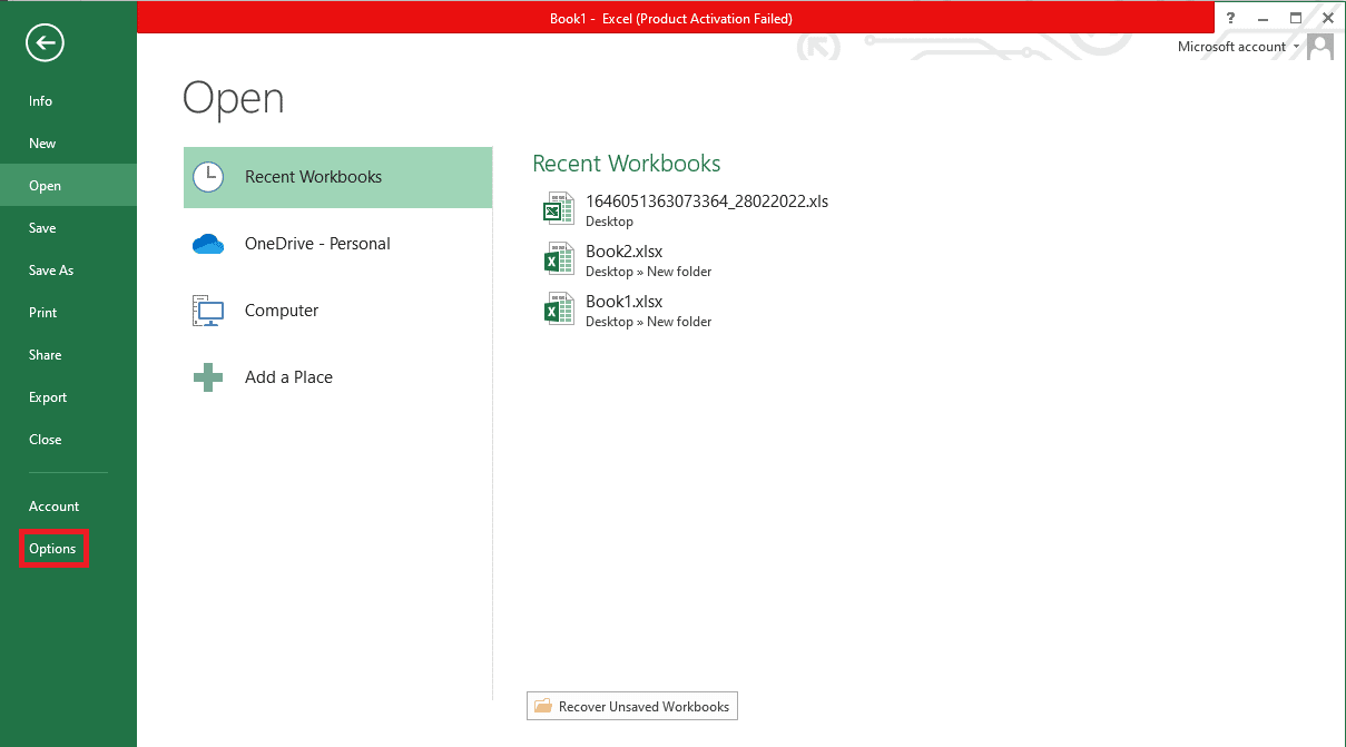haga clic en Opciones. Arreglar Excel lento para abrir en Windows 10