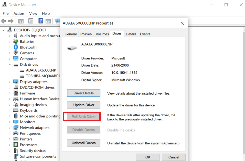 haga clic en revertir el controlador 