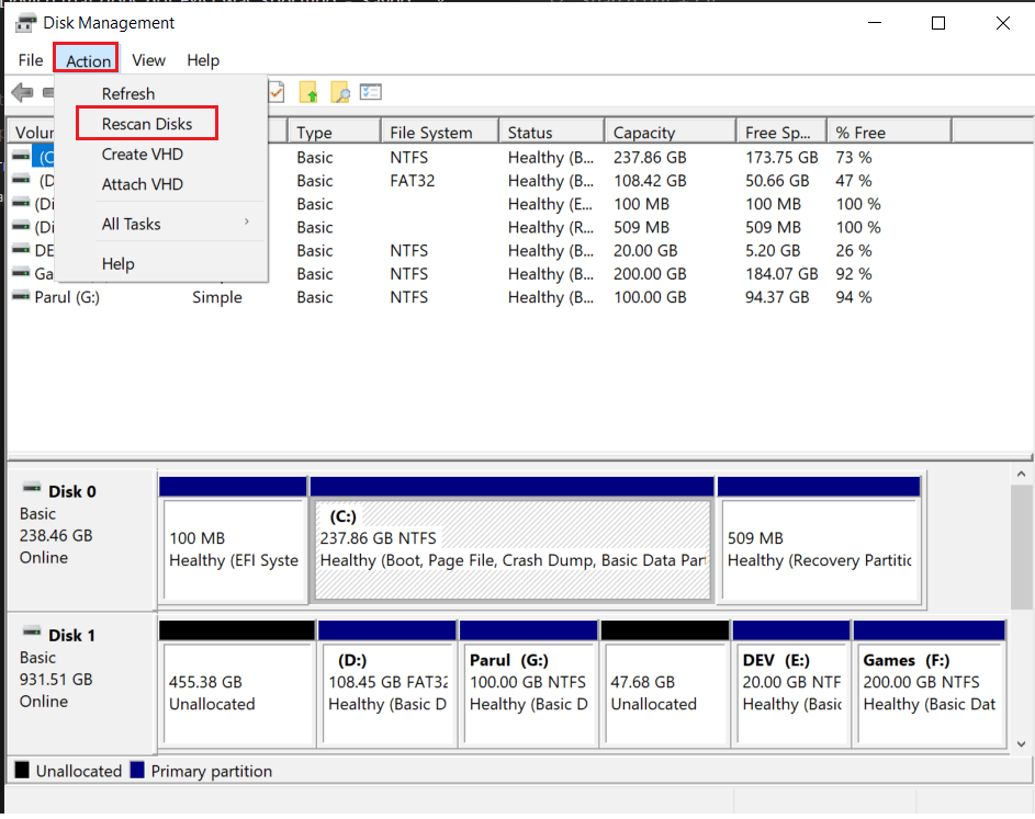 haga clic en volver a escanear discos