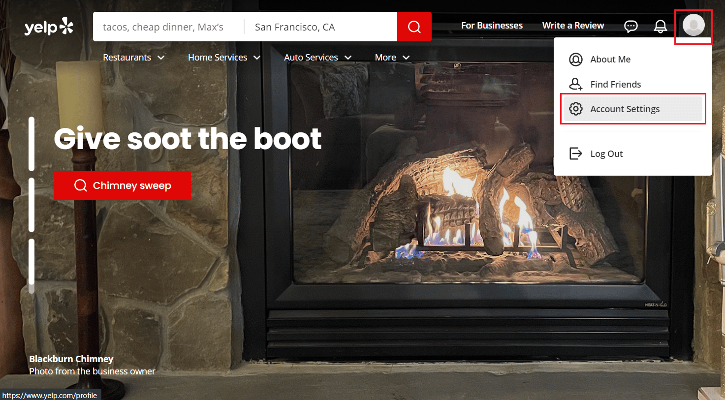 Haga clic en el ícono de perfil - Opción Configuración de la cuenta en la esquina superior derecha
