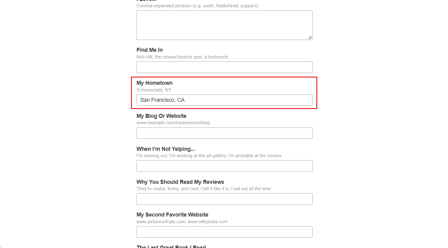 Desplácese hacia abajo hasta la sección Mi ciudad natal y borre el campo presente debajo que contiene su dirección |  Cómo eliminar una cuenta de Yelp |  eliminar mi dirección de Yelp