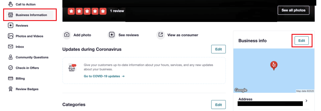 Información comercial: haga clic en Editar presente junto a Información comercial