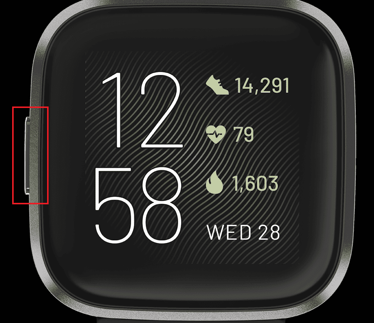 Mantenga presionado el botón de encendido en su Fitbit Versa 2 hasta que la pantalla se vuelva negra y el reloj vibre