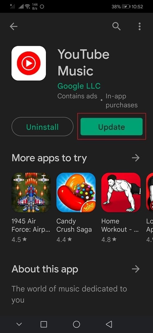 toca actualizar la aplicación YouTube Music