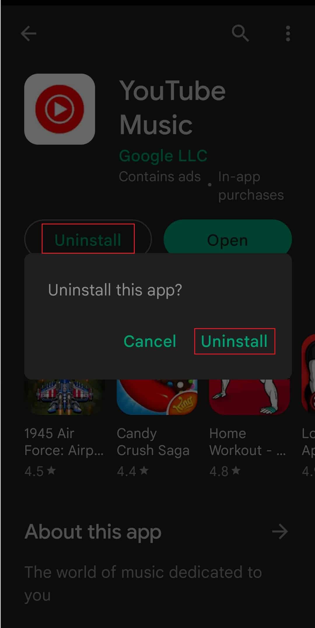 desinstalar la aplicación YouTube Music