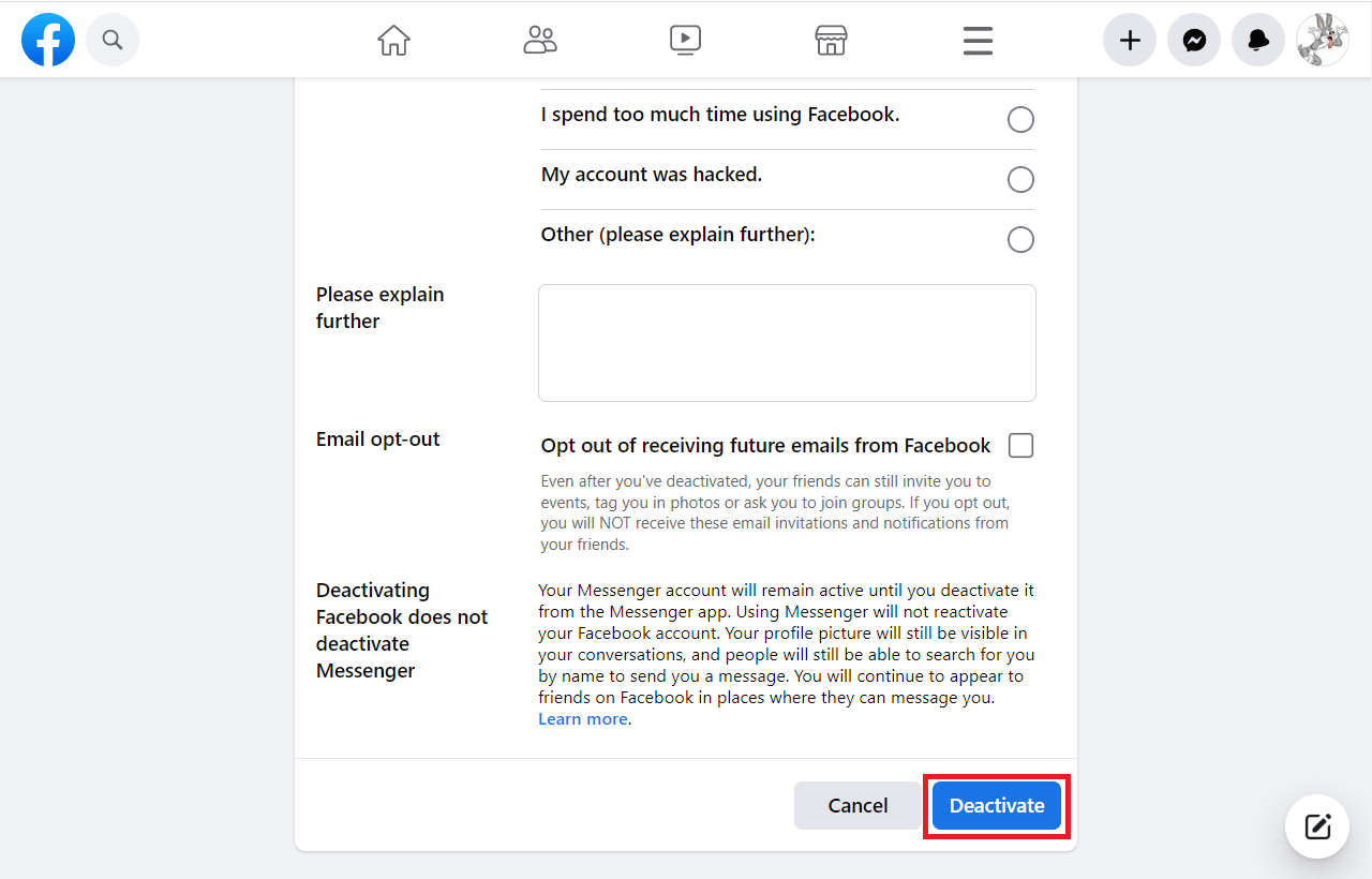 Elija un motivo, explique el motivo y haga clic en Desactivar |  ¿Se puede eliminar Facebook y mantener Instagram?