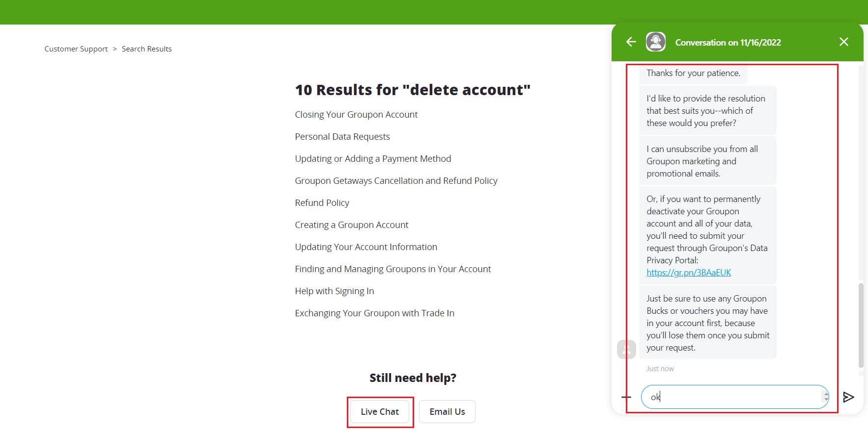 Sitio web de Groupon - Iniciar sesión - Ayuda - buscar Eliminar cuenta - Chat en vivo - especificar la solicitud de eliminación de su cuenta | Cómo cancelar una cuenta de Groupon | eliminar mi opinión de Groupon