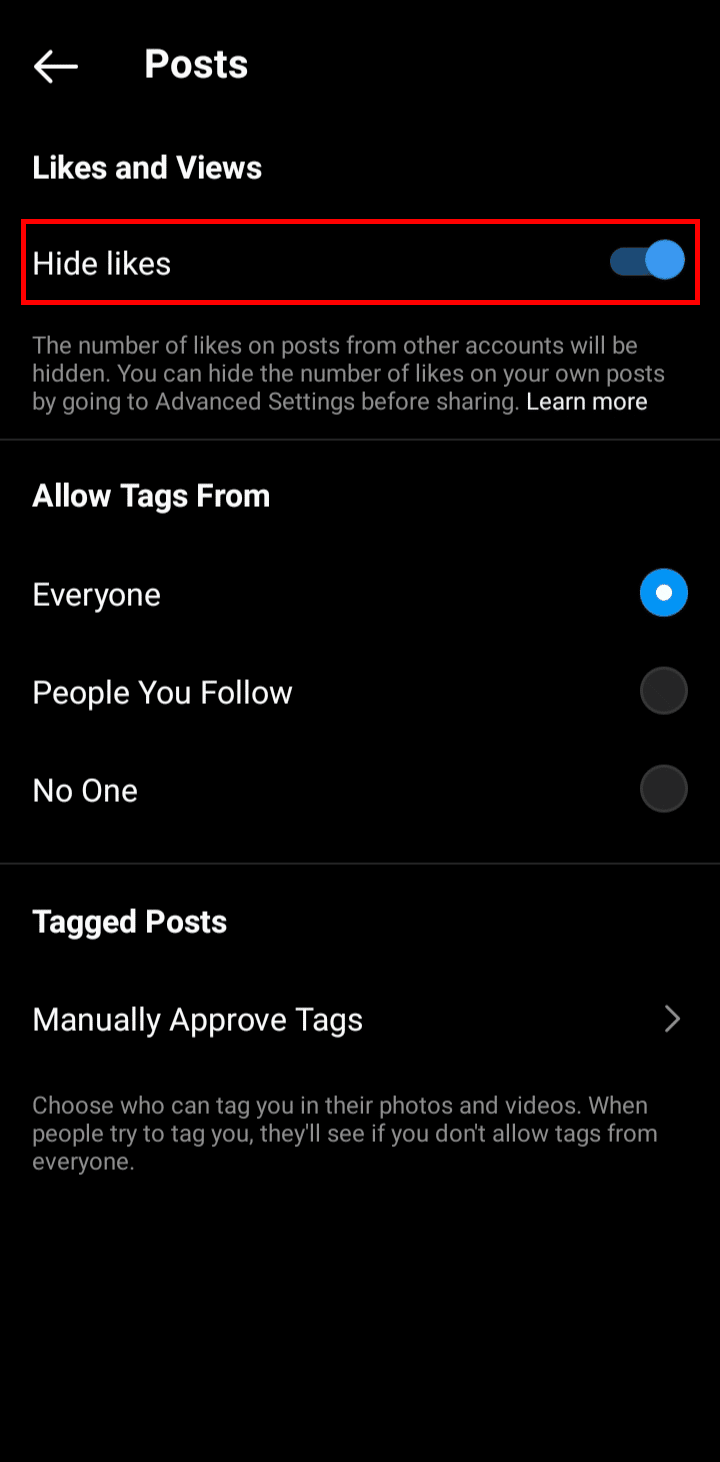 En la sección de publicaciones, toque la opción Ocultar me gusta para deshabilitarla, si ya está habilitada |  Cómo ver las publicaciones que te gustan en Instagram
