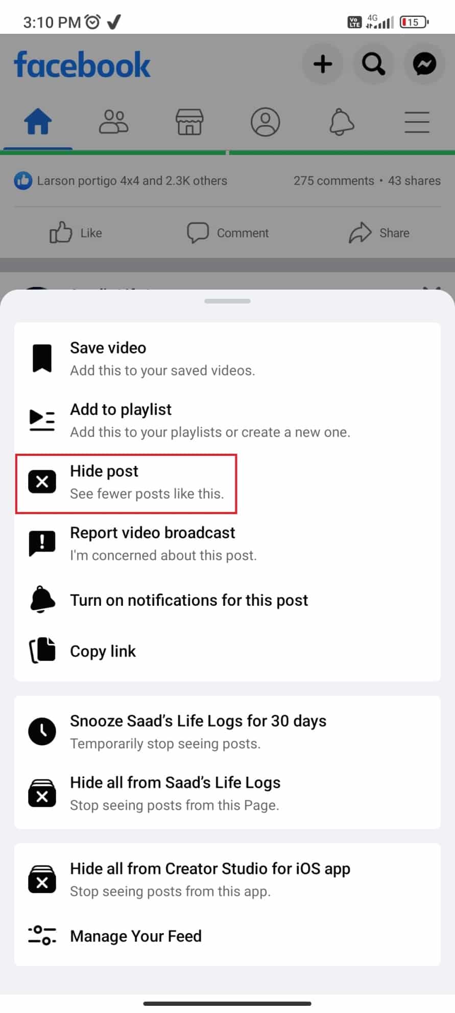 Toque Ocultar publicación, que ocultará las publicaciones de esta página.  Cómo desactivar las publicaciones sugeridas para ti en Facebook