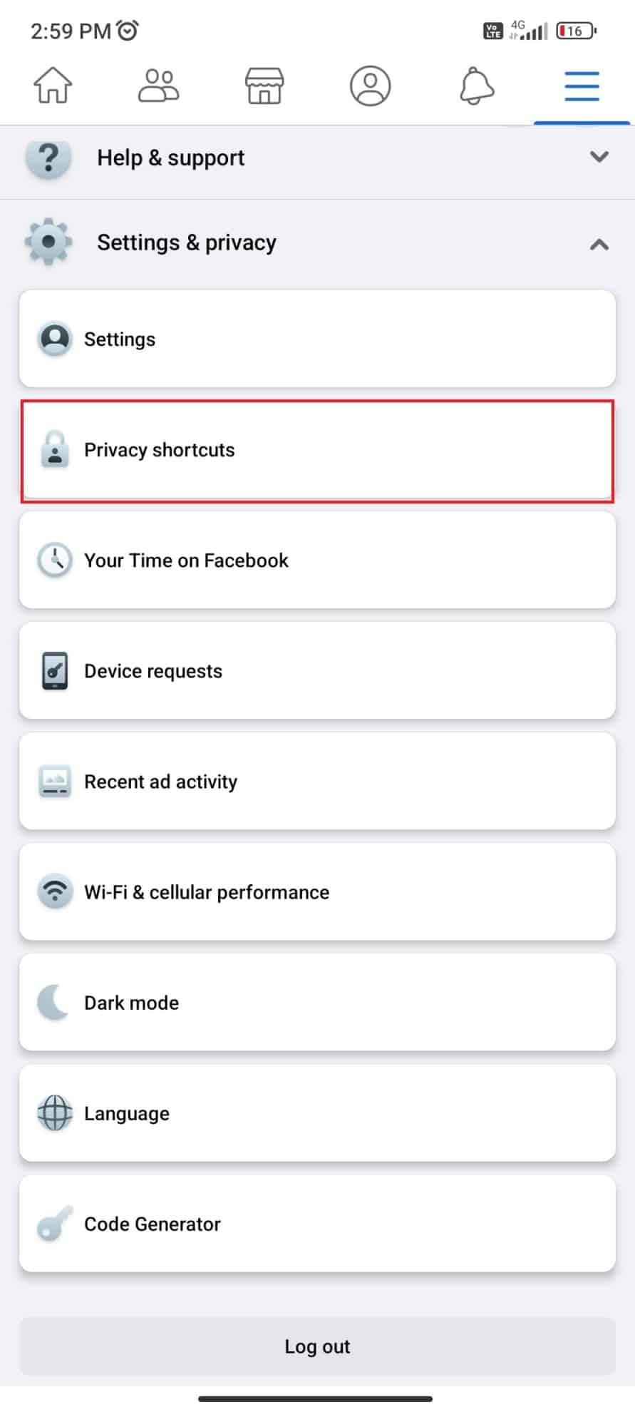 Toca Accesos directos de privacidad.  Cómo desactivar las publicaciones sugeridas para ti en Facebook