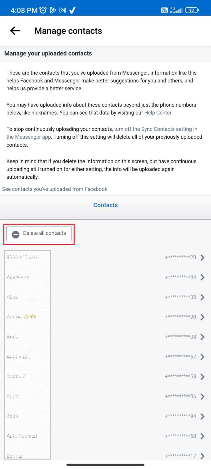 Toque Eliminar todos los contactos