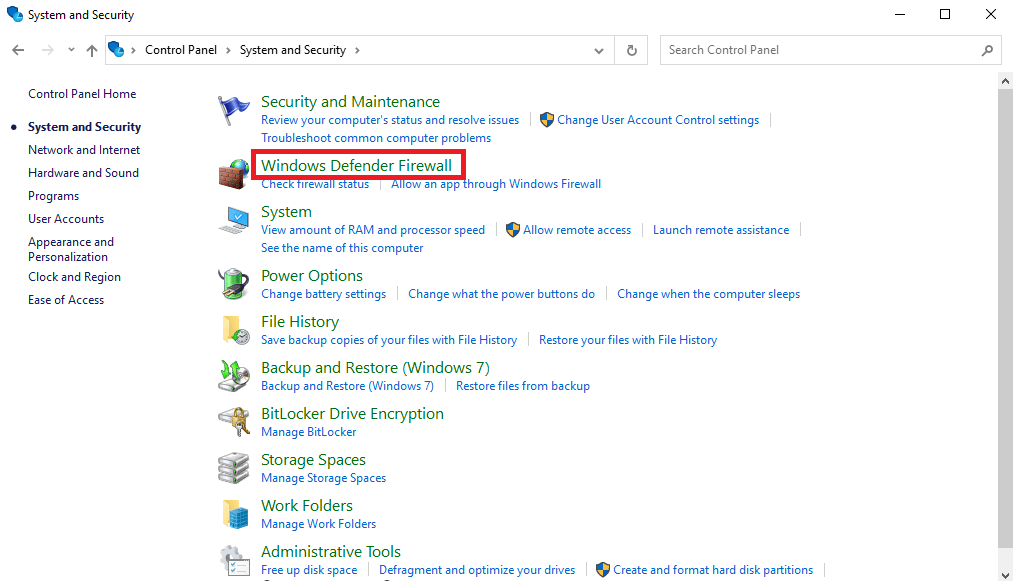 haga clic en Firewall de Windows Defender