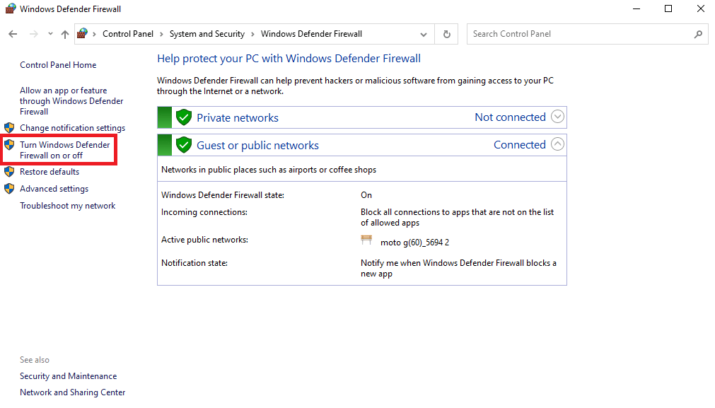 En el panel lateral izquierdo, haga clic en Activar o desactivar Firewall de Windows Defender