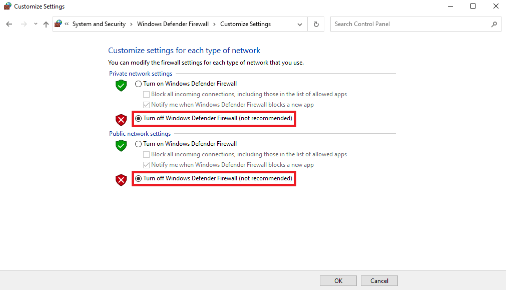 Desactive el Firewall de Windows Defender para redes privadas y públicas