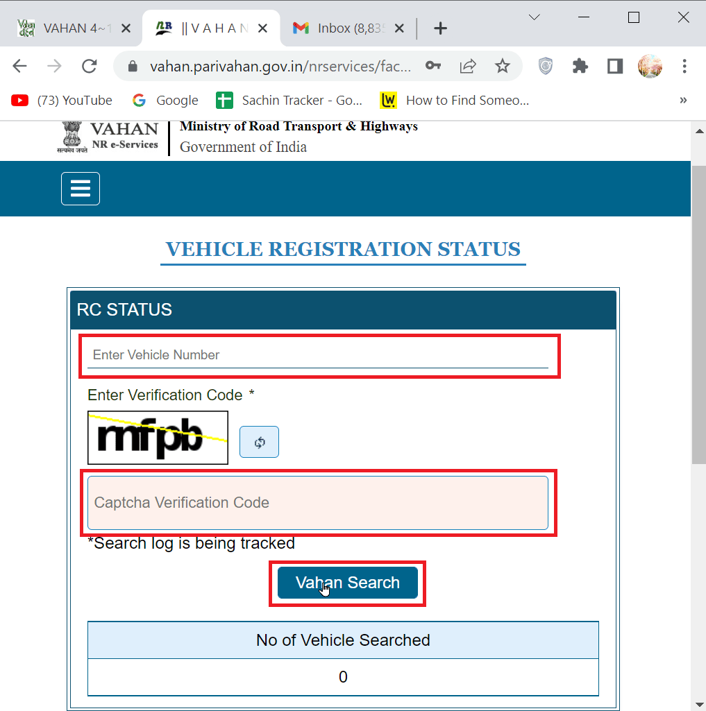 ingrese los detalles del registro del vehículo e ingrese captcha y haga clic en buscar vehículo | Cómo buscar el propietario del número de matrícula