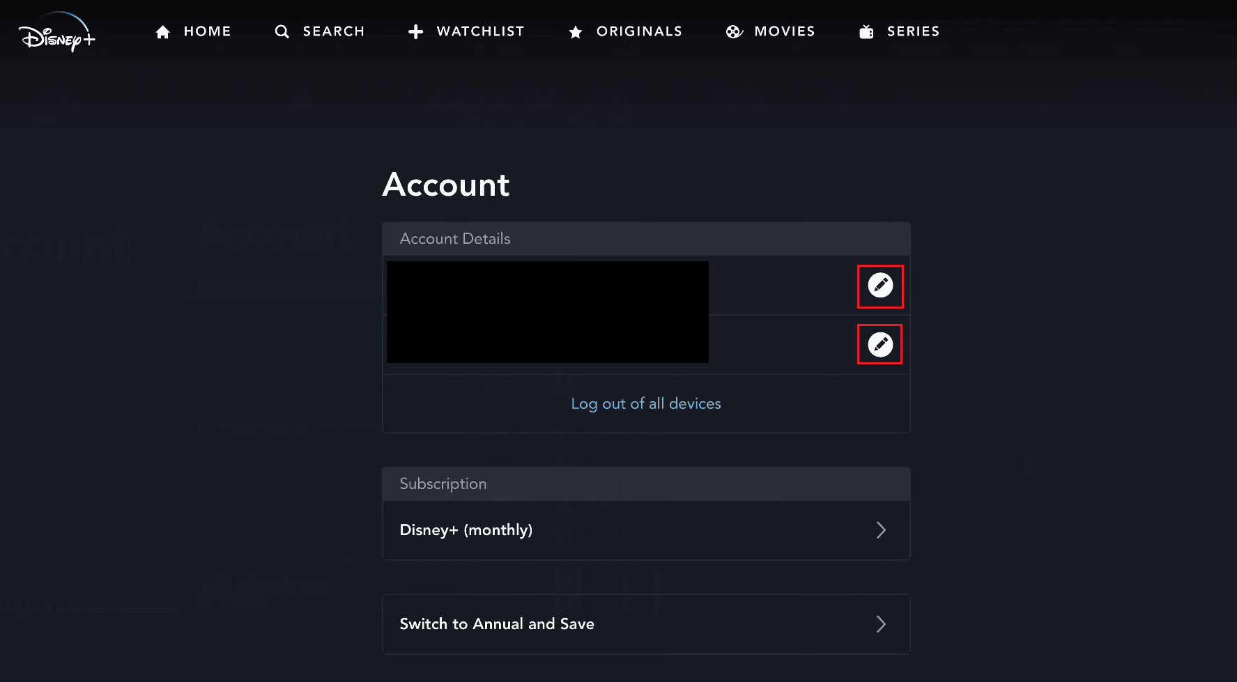 En la sección Detalles de la cuenta, haga clic en el icono del lápiz junto al detalle deseado que desea editar | Cómo actualizar la cuenta de Disney Plus