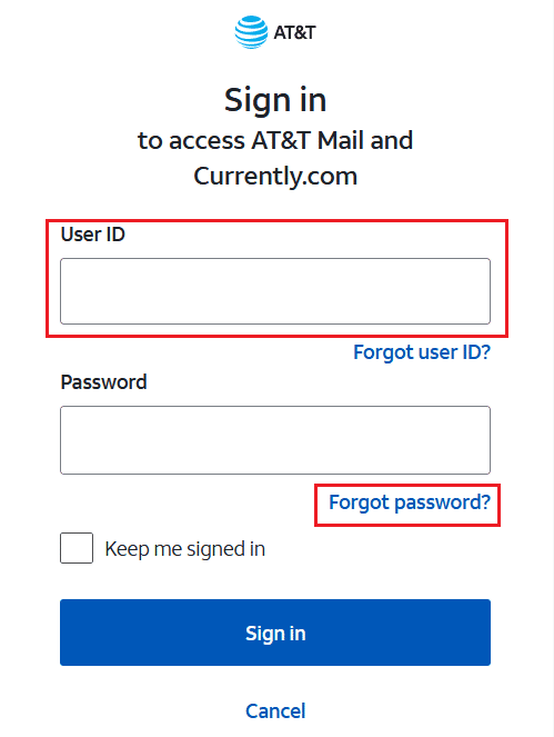 ingrese su ID de correo electrónico de SBCGlobal.net y haga clic en Olvidé mi contraseña debajo del cuadro Contraseña