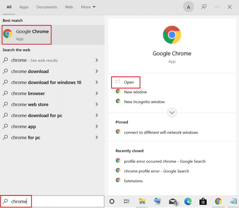 abre Google Chrome desde el menú de búsqueda de Windows.  Arreglar el servidor de Google Chrome no envió ningún error de datos