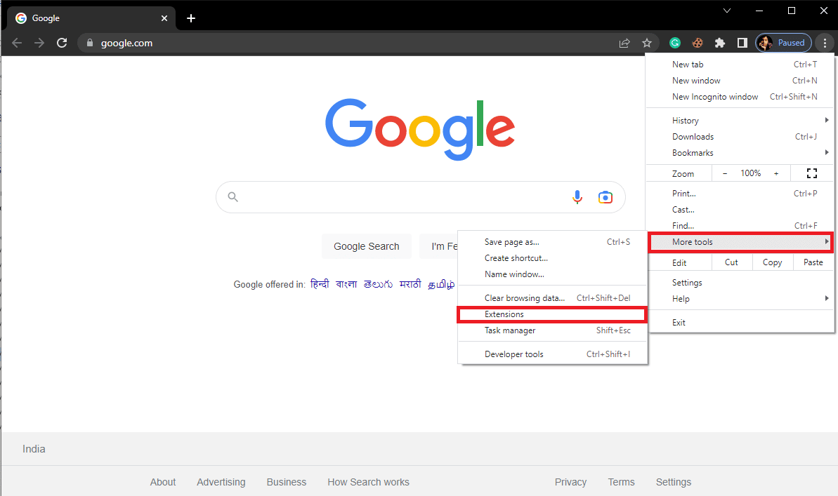 haga clic en Más herramientas y luego haga clic en Extensiones.  Arreglar el servidor de Google Chrome no envió ningún error de datos