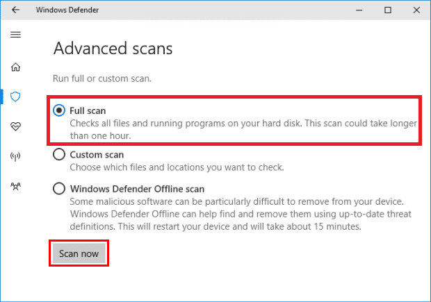 Elija Escaneo completo en la siguiente ventana y haga clic en el botón Escanear ahora para iniciar el proceso.  Arreglar el servidor de Google Chrome no envió ningún error de datos