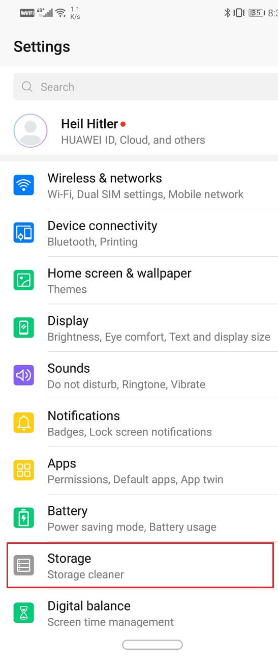 Pulsa sobre la opción Almacenamiento y memoria. Repare los equipos de Microsoft que no puede enviar mensajes de error
