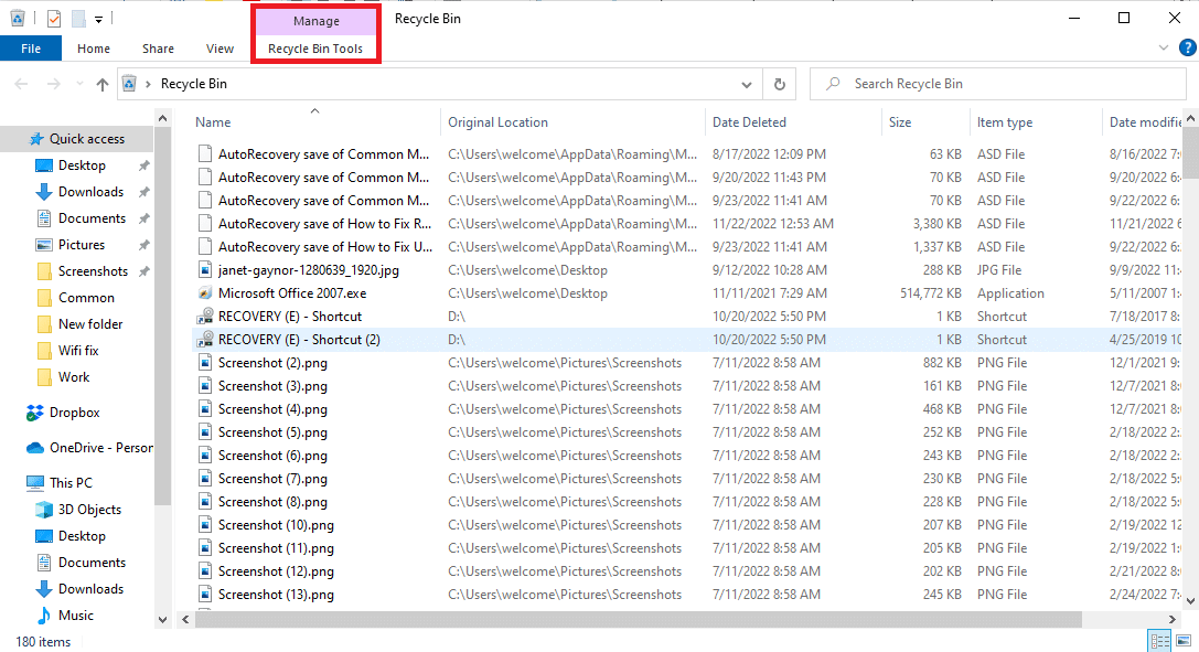 busque y haga clic en Herramientas de papelera de reciclaje en la pestaña Administrar.  Solucionar el error de descarga completa del disco de Google Chrome