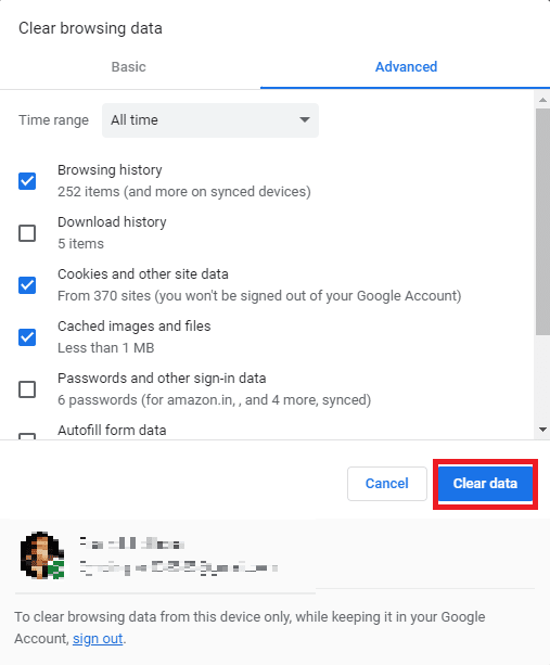 haga clic en el botón Borrar datos.  Solucionar el error de descarga completa del disco de Google Chrome