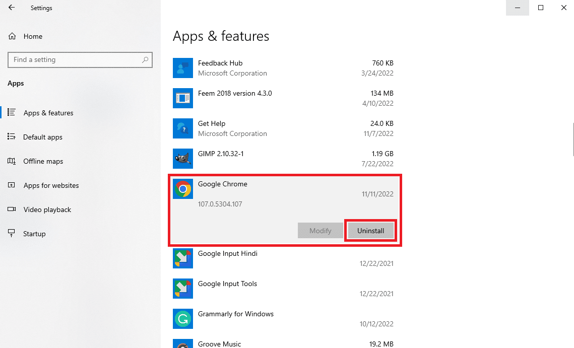 navegue y haga clic en Google Chrome y haga clic en Desinstalar.  Solucionar el error de descarga completa del disco de Google Chrome