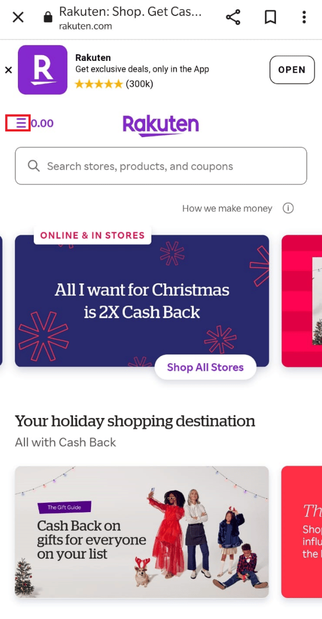 Toca las tres líneas horizontales.  ¿Es seguro vincular una tarjeta de crédito a Rakuten?