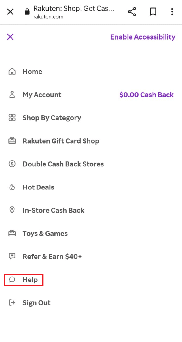 Toca la opción Ayuda.  ¿Es seguro vincular una tarjeta de crédito a Rakuten?