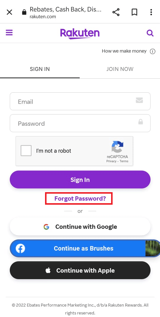 Seleccione Olvidé mi contraseña.  Cómo eliminar una cuenta de Rakuten