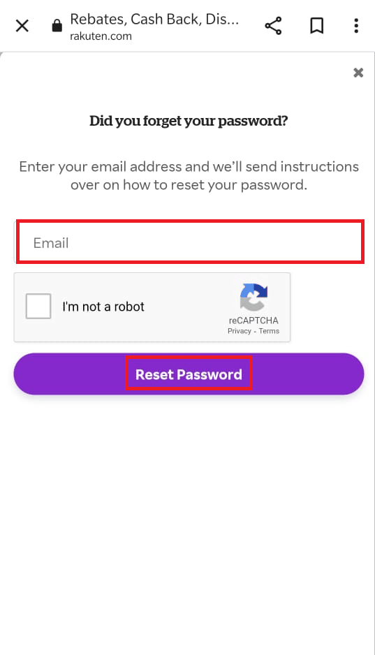 Ingrese su dirección de correo electrónico registrada y toque Restablecer contraseña