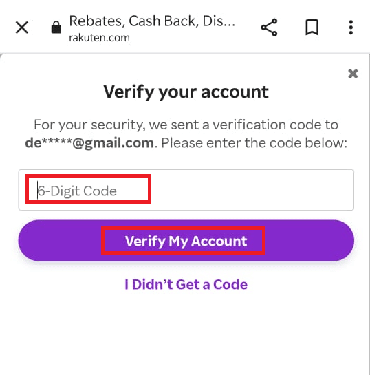 Escriba el código de 6 dígitos que debe haber recibido en su correo electrónico y toque Verificar mi cuenta.  ¿Es seguro vincular una tarjeta de crédito a Rakuten?