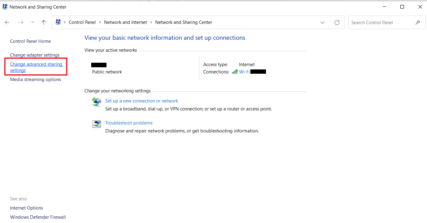 Haga clic en Cambiar la configuración de uso compartido avanzado