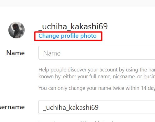 Haga clic en Cambiar foto de perfil debajo de su nombre de usuario de Instagram