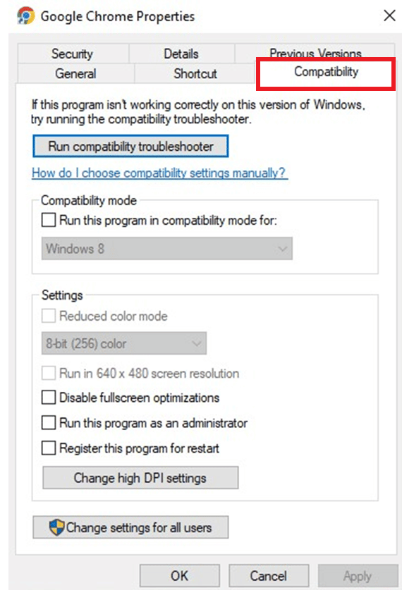 seleccione la pestaña Compatibilidad.  Arreglar el error de hash de imagen no válida del estado de Google Chrome