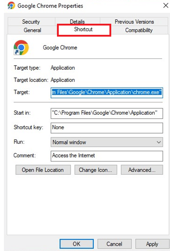 Seleccione la pestaña Acceso directo.