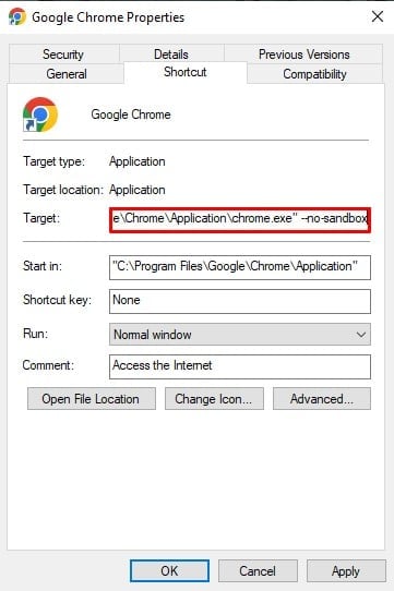 Propiedades de Google Chrome.  Arreglar el error de hash de imagen no válida del estado de Google Chrome