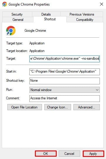 Propiedades de Google Chrome 