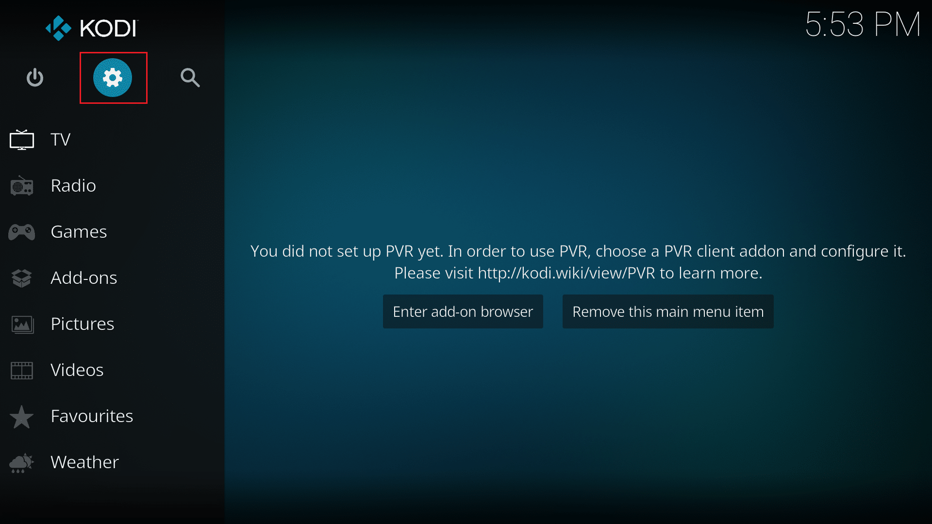 haga clic en el icono de configuración en la aplicación kodi