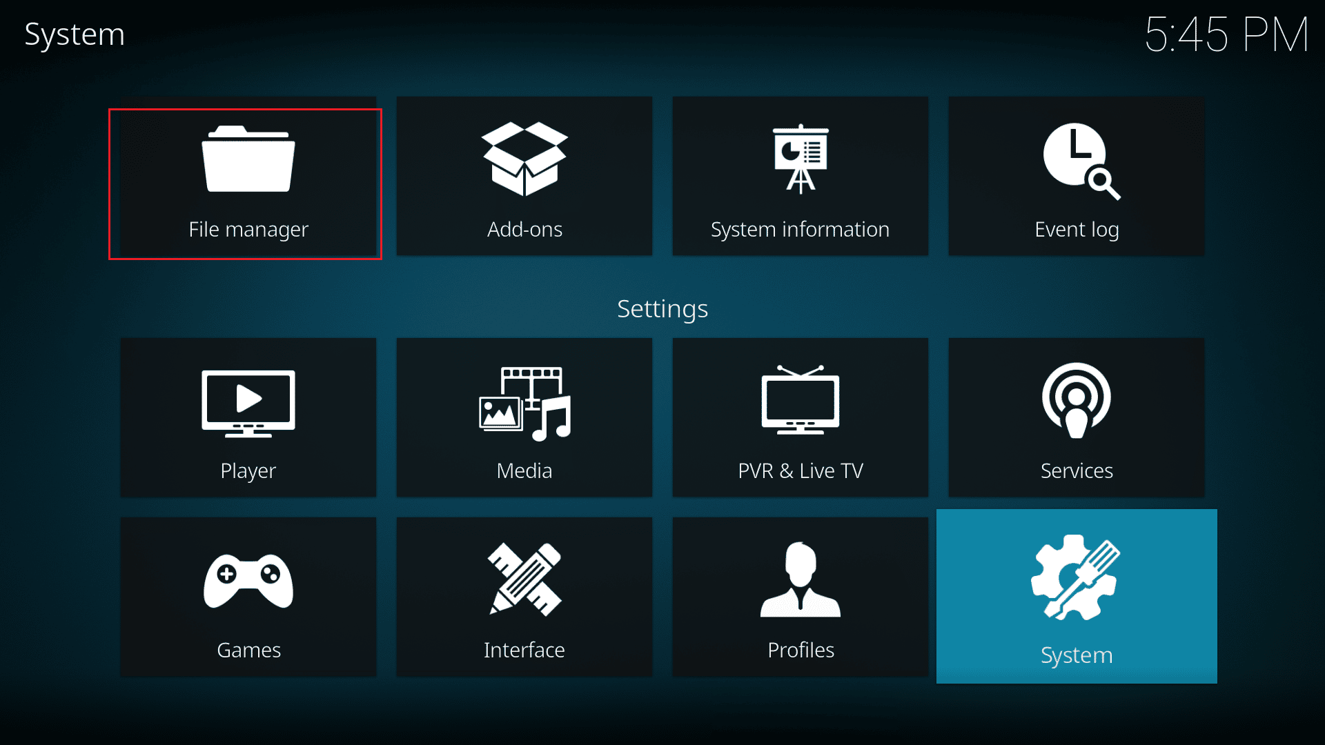 haga clic en Administrador de archivos en la configuración de Kodi.  Reparar Kodi no se puede conectar al servidor de red