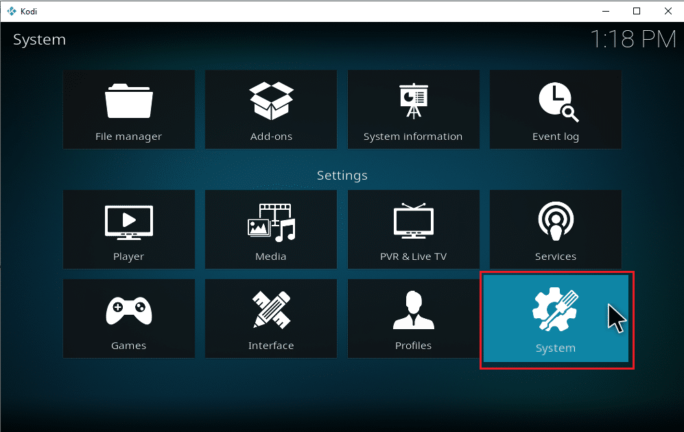 Seleccione Sistema en la configuración de Kodi