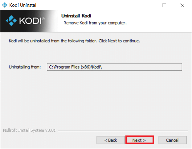 haga clic en Siguiente en la siguiente ventana de desinstalación.  Reparar Kodi no se puede conectar al servidor de red