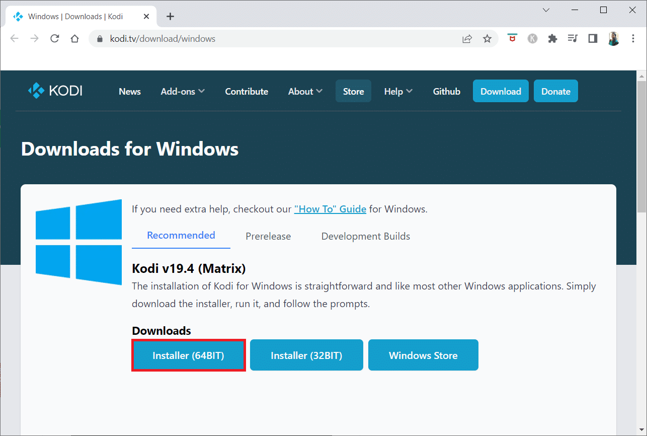 Vaya a la página de descarga de Kodi y haga clic en el botón Installer 64BIT 